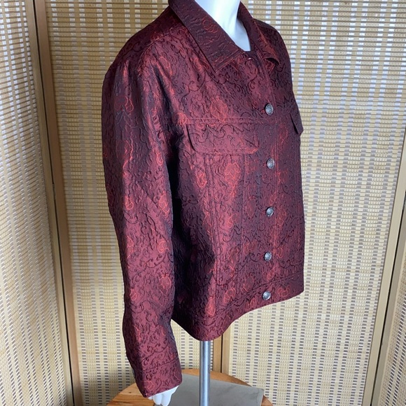 🔷J Jill Red Floral Jacquard Lightweight Jacket Button Up Long Sleeve Size Medium - Picture 5 of 8